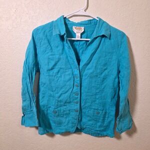 Talbots Petites Vintage Irish Linen Button‎ Down 3/4 Sleeve Top Blue Size 6